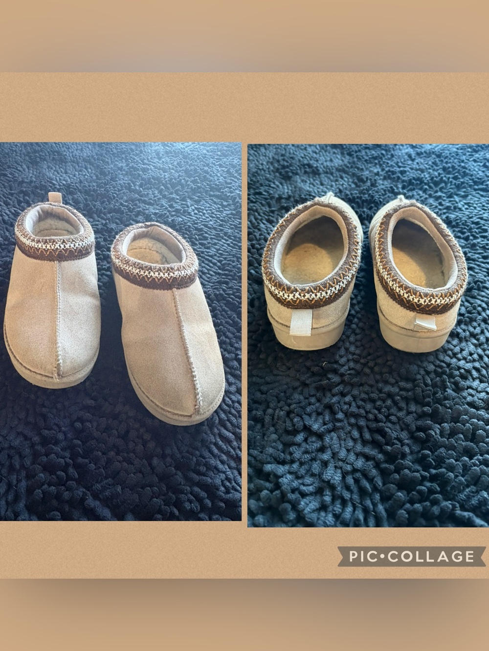 Kids Cozy Slip-On Moccasin Slippers in Tan with Pattern Trim